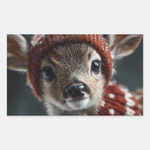 Sticker Rectangulaire Cerf Faon Mignon en Chapeau et Écharpe Tricotés