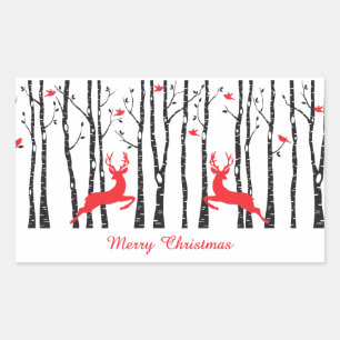 Sticker Rectangulaire Cerfs de Noël dans la forêt de bouleaux