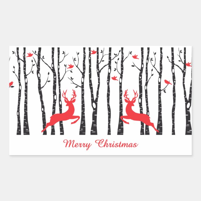 Sticker Rectangulaire Cerfs de Noël dans la forêt de bouleaux (Devant)