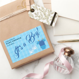 Sticker Rectangulaire C'est un garçon ! Baby shower bleu moderne. Servie
