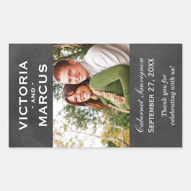 Sticker Rectangulaire Chalboard Mariage Vin Bouteille Monogramme Favoris (Devant)