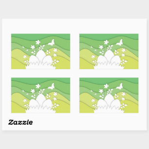 Sticker Rectangulaire Chasse aux oeufs de Pâques dans la nature verte de