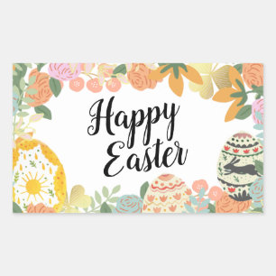 Sticker Rectangulaire Chasse aux oeufs floraux printemps Happy Pâques