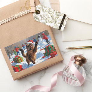 Sticker Rectangulaire Chat abyssin Scène de neige festive de Noël