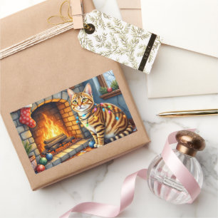 Sticker Rectangulaire Chat Bengal devant une cheminée avec des lumières 