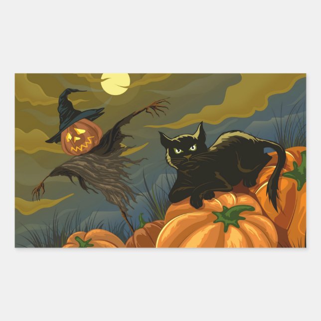 Sticker Rectangulaire Chat noir et épouvantail citrouille (Devant)