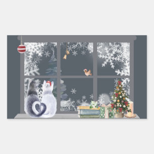 Sticker Rectangulaire Chats à la fenêtre de Noël