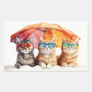 Sticker Rectangulaire Chats de plage Parapluie Kitties été