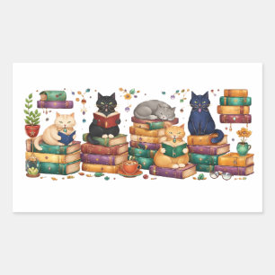 Sticker Rectangulaire Chats lisant des livres Scène de bibliothèque cosy