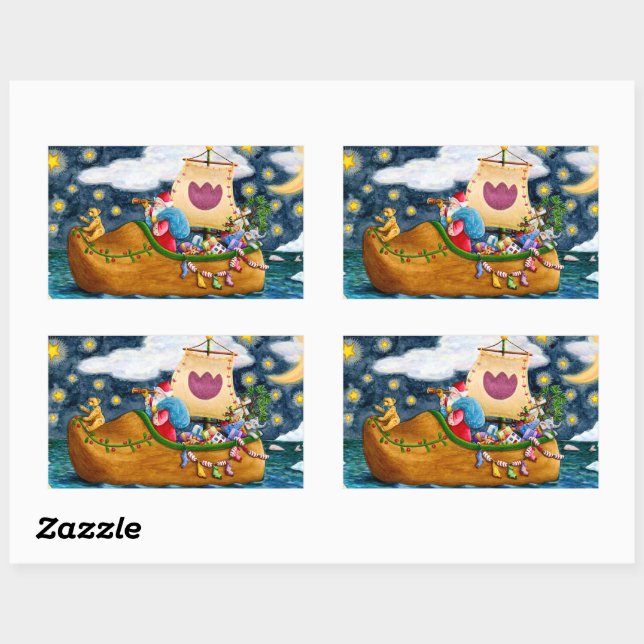 STICKER RECTANGULAIRE CHAUSSURES NÉERLANDAISES PÈRE NOËL SHIP, ICEBERGS, (Feuille)