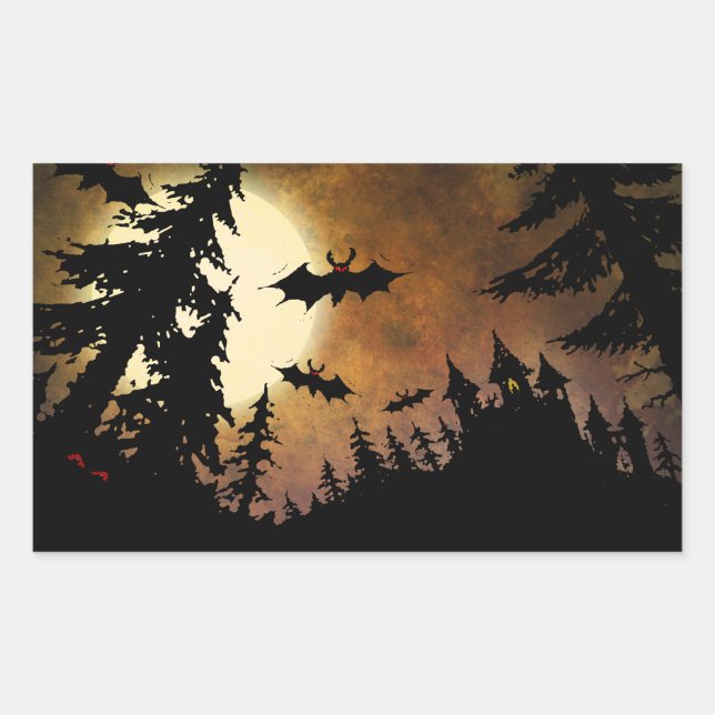 Sticker Rectangulaire Chauves-souris d'Halloween, Château et Lune (Devant)