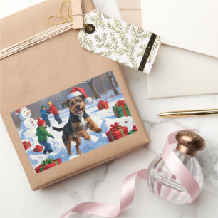 Sticker Rectangulaire Chesapeake Bay Retriever Neige avec Chapeau de Noë