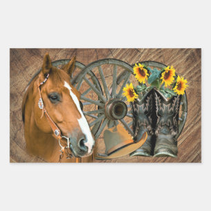 Sticker Rectangulaire Cheval Cowboy Boots Wagon Wheels Sunflowers Wester