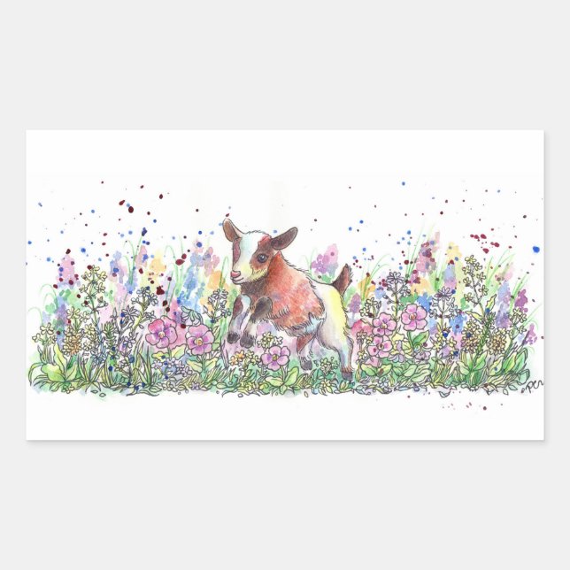 Sticker Rectangulaire Chèvre de bébé en champ de fleurs (Devant)