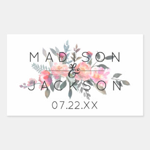 Sticker Rectangulaire Chic Aquarelle Peony Floral Mariage Monogramme