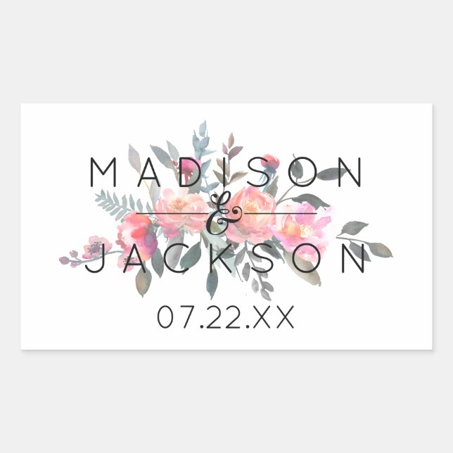 Sticker Rectangulaire Chic Aquarelle Peony Floral Mariage Monogramme (Devant)