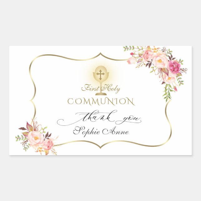 Sticker Rectangulaire Chic Blush Rose Floral Or Première Communion Saint (Devant)