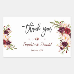 Sticker Rectangulaire Chic Burgundy Marsala Floral Mariage écriture manu