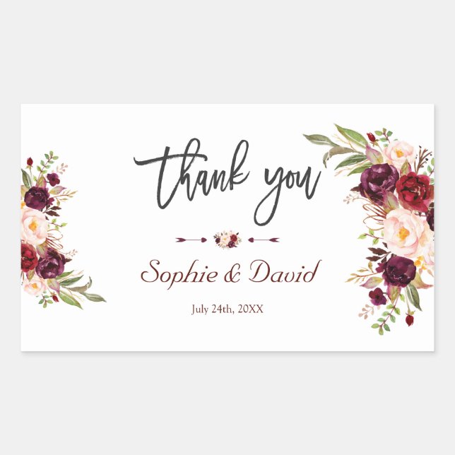 Sticker Rectangulaire Chic Burgundy Marsala Floral Mariage écriture manu (Devant)