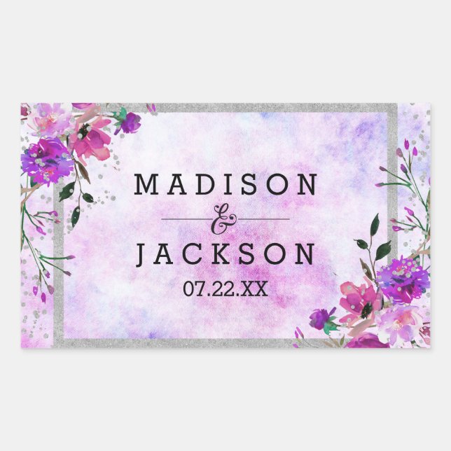 Sticker Rectangulaire Chic violet Floral & Argent Cadre Mariage Monogram (Devant)