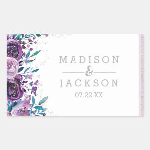 Sticker Rectangulaire Chic violet floral et Mariage argenté