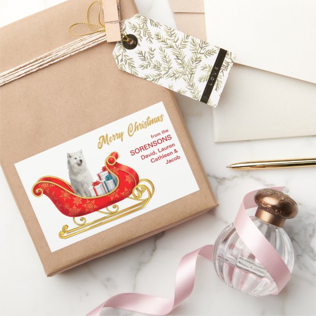 Sticker Rectangulaire Chien blanc Samoyé Sleigh de Noël (Cadeaux)
