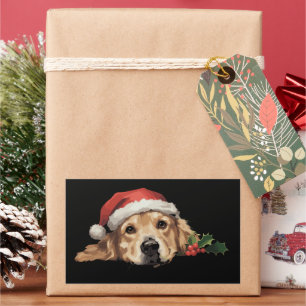 Sticker Rectangulaire Chien Retriever doré Noël Chapeau de Père Noël Chi