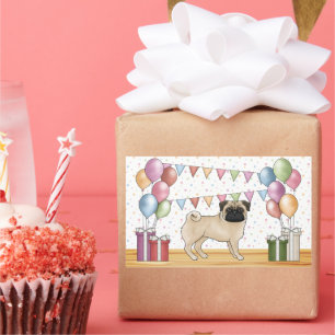 Sticker Rectangulaire Chiens Carlin Faon Ballons Anniversaire Colorés Pa