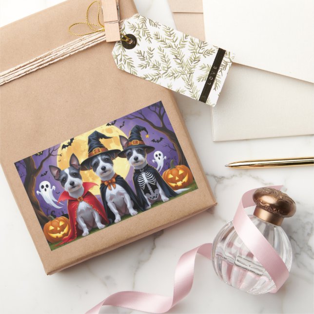 Sticker Rectangulaire Chiens de Rat Terrier Citrouille Halloween Funny (Cadeaux)