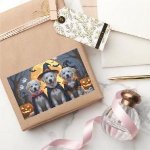 Sticker Rectangulaire Chiens des grandes Pyrénées Citrouille Halloween d