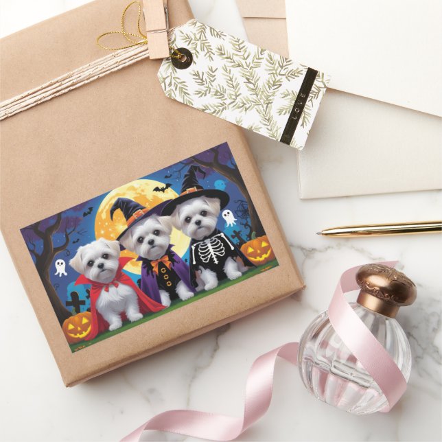 Sticker Rectangulaire Chiens maltais Citrouille Halloween drôle (Cadeaux)