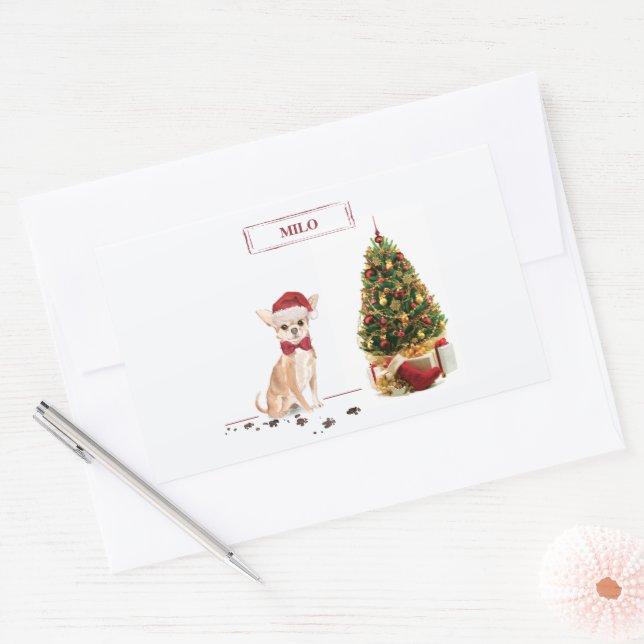 Sticker Rectangulaire Chihuahua Funny Chien de Noël avec arbre (Enveloppe)