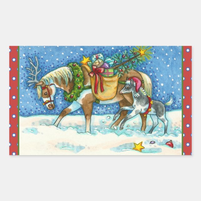 STICKER RECTANGULAIRE CHINCOTEAGUE PONIES & VACANCES SOUHAITS CHEVAL (Devant)