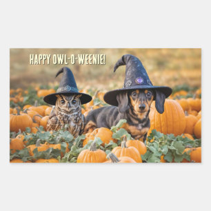Sticker Rectangulaire Chouette et chien saucisse de Dachshund Halloween