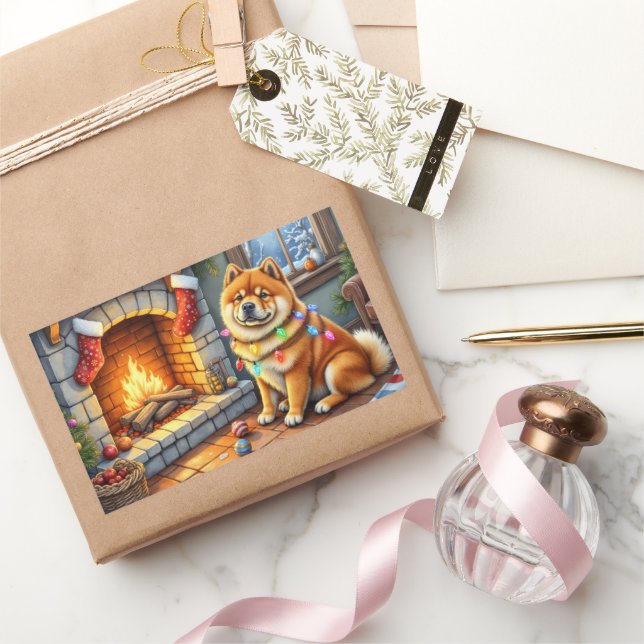 Sticker Rectangulaire Chow Chow Sitting Fireplace with Christmas Lights (Cadeaux)