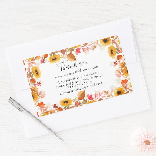 Sticker Rectangulaire chute d'aquarelle fleurs merci infos commerciales (Enveloppe)