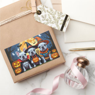 Sticker Rectangulaire Citrouille de Bulldogs français Halloween drôle
