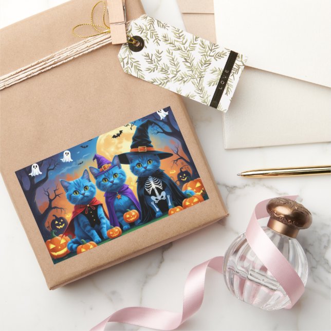 Sticker Rectangulaire Citrouille russe Blue Cats Halloween drôle (Cadeaux)