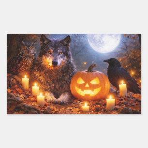 Sticker Rectangulaire Citrouilles de loup, de hibou et de corbeau d'Hall