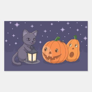 Sticker Rectangulaire Citrouilles Lanterne Chat Noir Halloween Violet