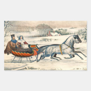 Sticker Rectangulaire Classique 1853 Traîneau Currier Ives Route Hiver