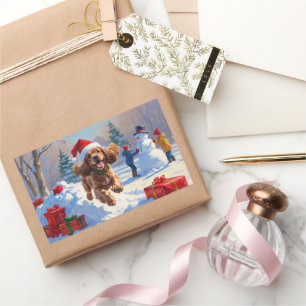 Sticker Rectangulaire Cocker Spaniel courant dans la neige avec un chape
