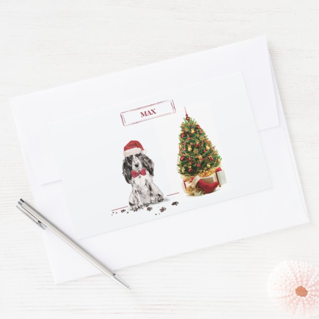 Sticker Rectangulaire Cocker Spaniel Funny Chien de Noël avec arbre (Enveloppe)