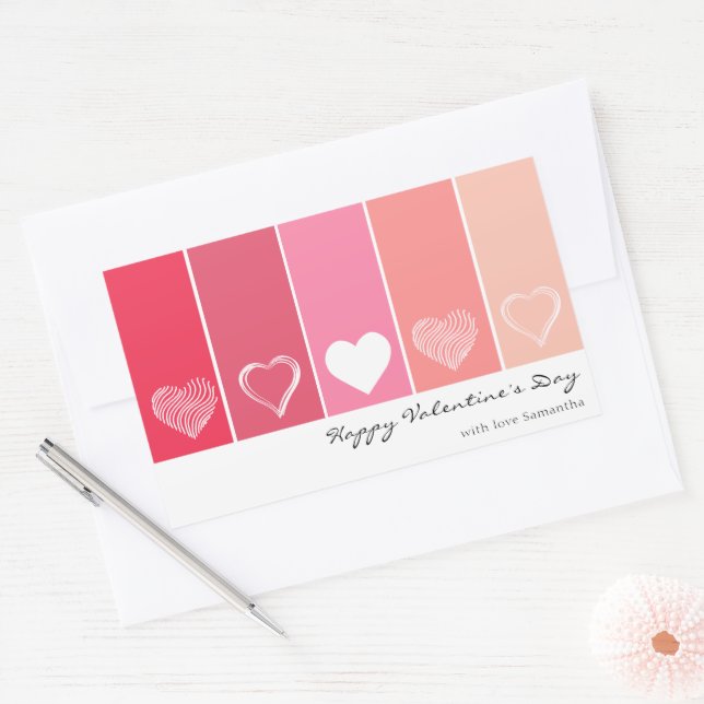Sticker Rectangulaire Coeurs blancs modernes rayures rouges et roses Val (Enveloppe)