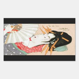 Sticker Rectangulaire Cool japonais en bois geisha avec fan art