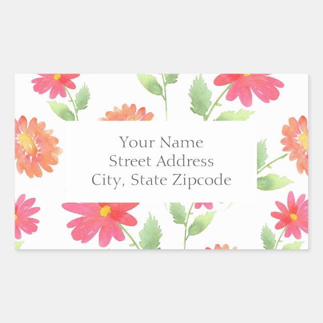 Sticker Rectangulaire Coral rose Peach Aquarelle Motif marguerite (Devant)