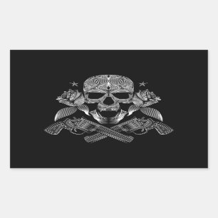 Sticker Rectangulaire Crâne et étoiles avec Roses et fusils croisés