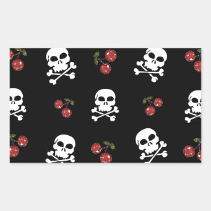 Sticker Rectangulaire Crânes et cerises Rockabilly RAB sur fond noir