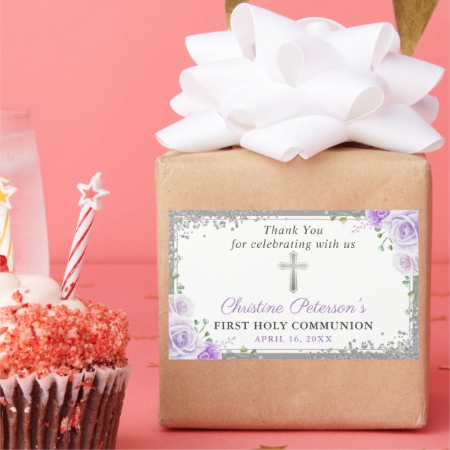 Sticker Rectangulaire Croix d'argent violet florale première sainte comm (Fête)