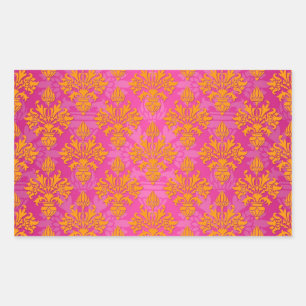 Sticker Rectangulaire Damas floral orange vif et rose